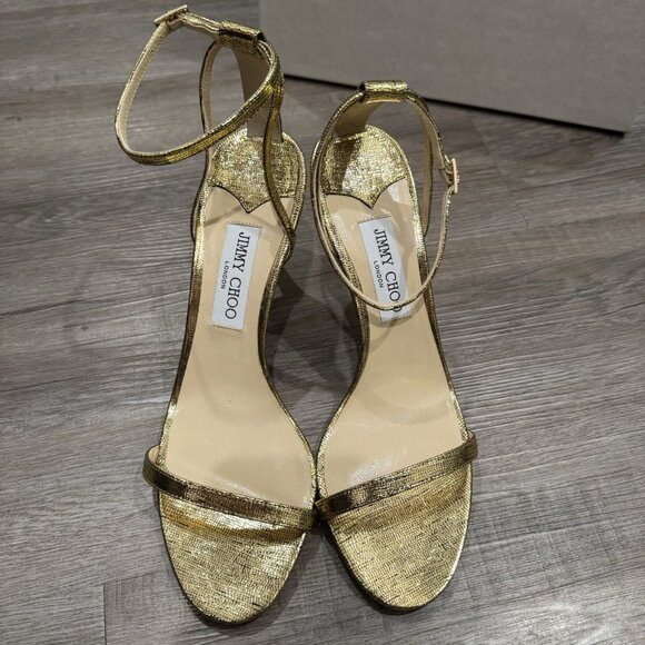 Jimmy Choo Minny 85 mm Gold Metallic Lizard Print Leather Heels Sandals - Picture 4 of 13